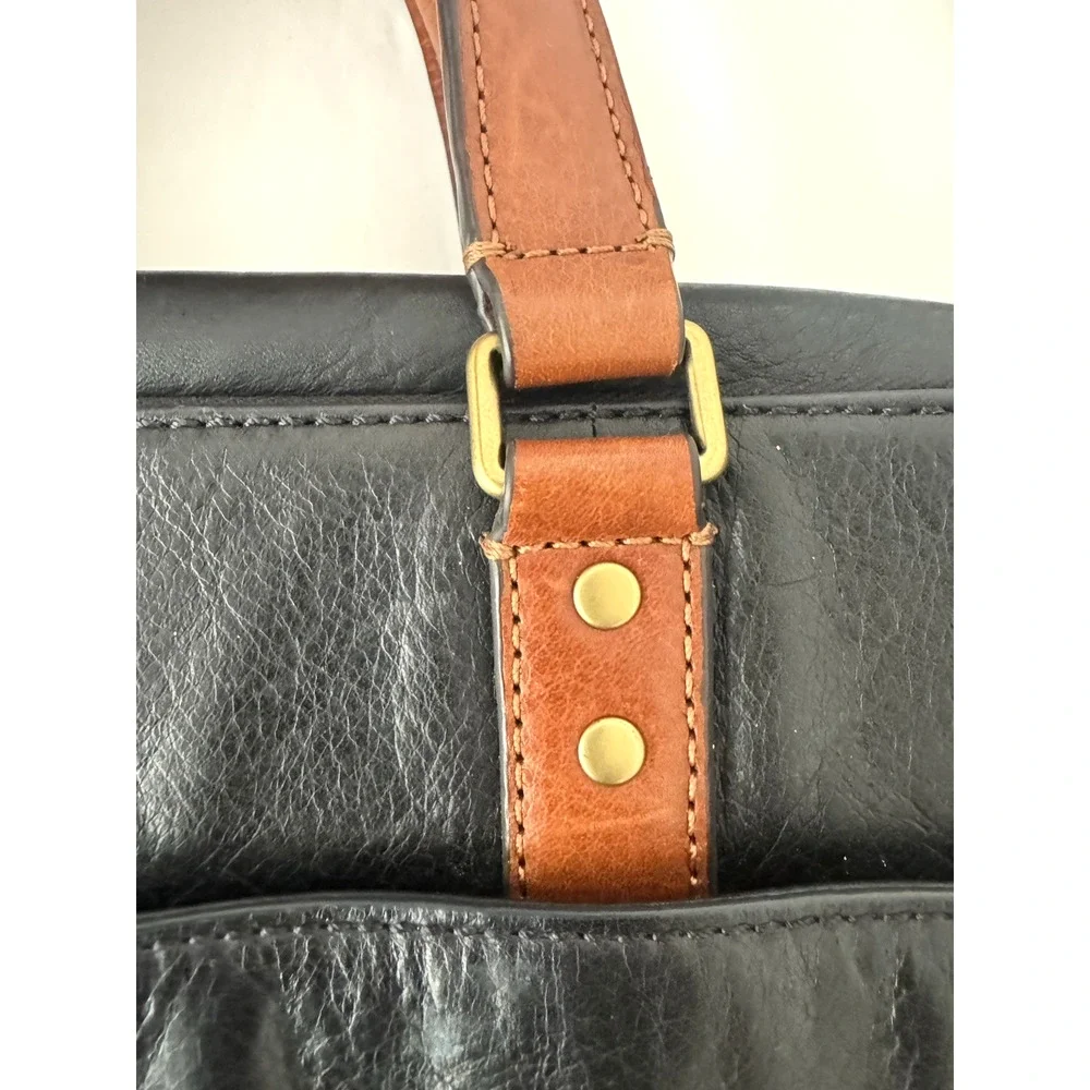 Fossil Defender Briefcase Black Leather Top Handles Crossbody Strap Double Zip